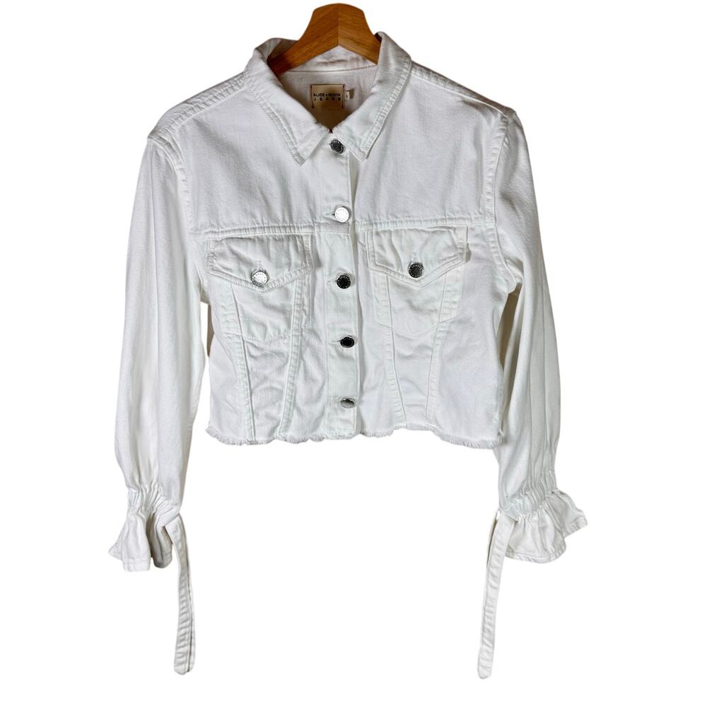 Alice + Olivia Jean Jacket White Cropped Tie Sleeve Jacket Size Small